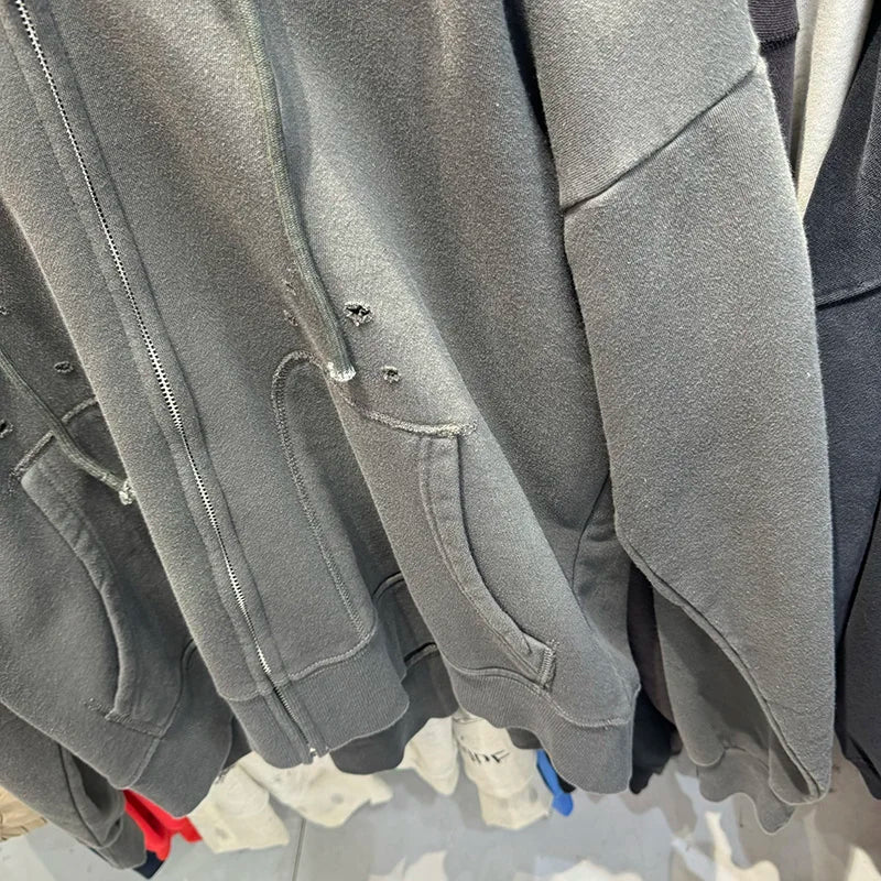 Zipper Series Saint Solid Color Hoodie Hole Distressed Washed Winter Fashion Cardigan