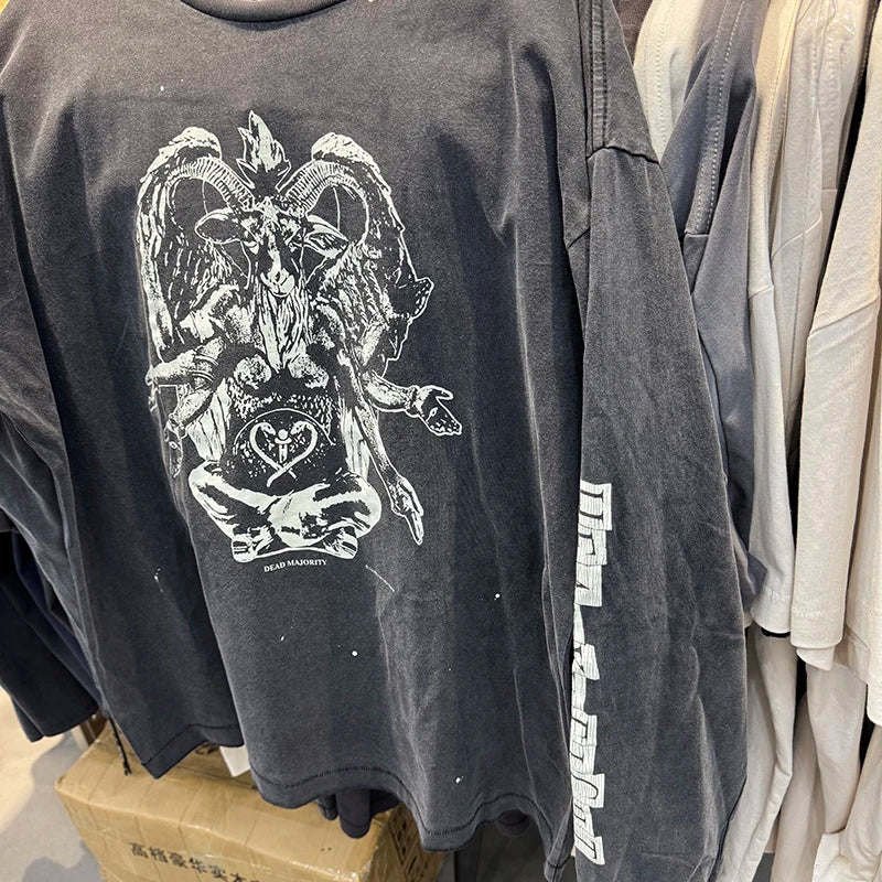 Washed Saint Loose Statue Printing Vintage Long Sleeve T-shirt Hip Hop Harajuku Ripped Tees