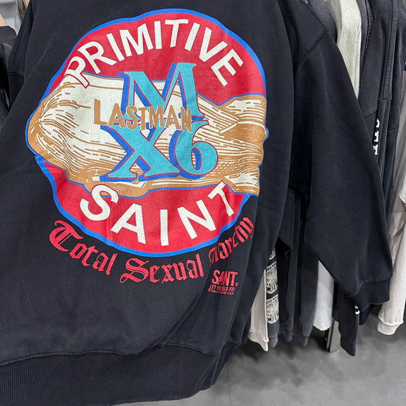 Co Branded Style Saint X LASTMAN Circular Pattern Letter Print Logo Ribbed Sleeves Crewneck for Men Sweatshirts