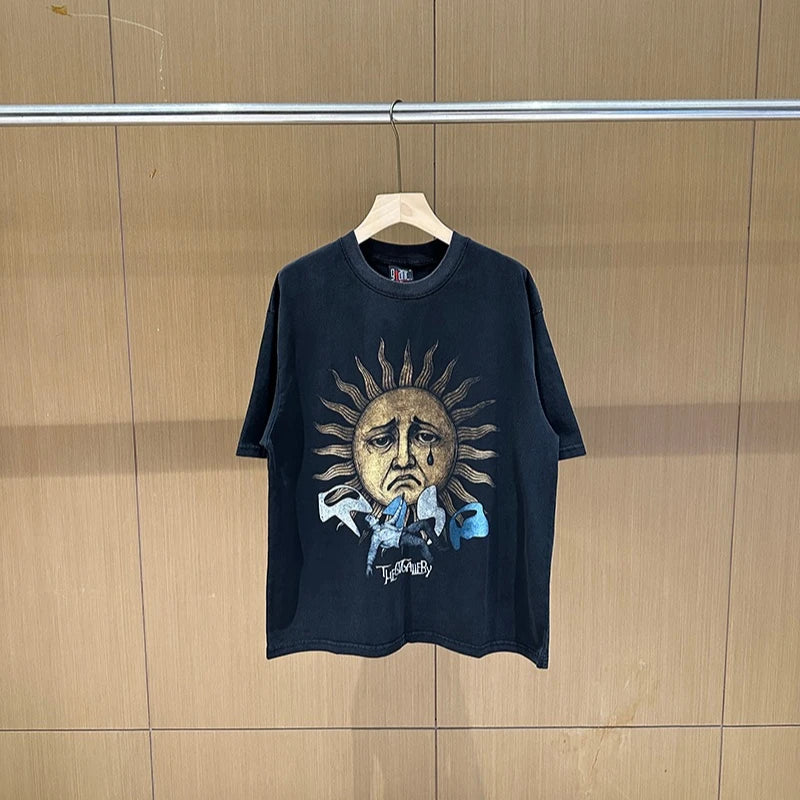 Vintage Bieber Sun Print Hip Hop Graphic T Shirts High Street Casual Cotton Men Summer Tee