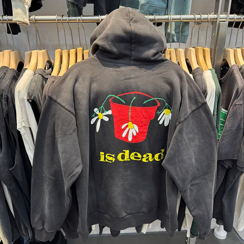 25AW Saint Street Retro Style Love Born Flowers Printed Hoodies Men Harajuku Heavy Fabric Washed Pullover Top