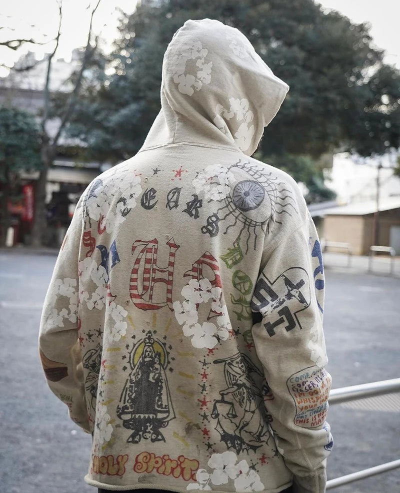 Full Print Street Fashion Saint Graffiti Style Hoodies Winter Thick Cotton Top Quality Loose Sweatshirts Men