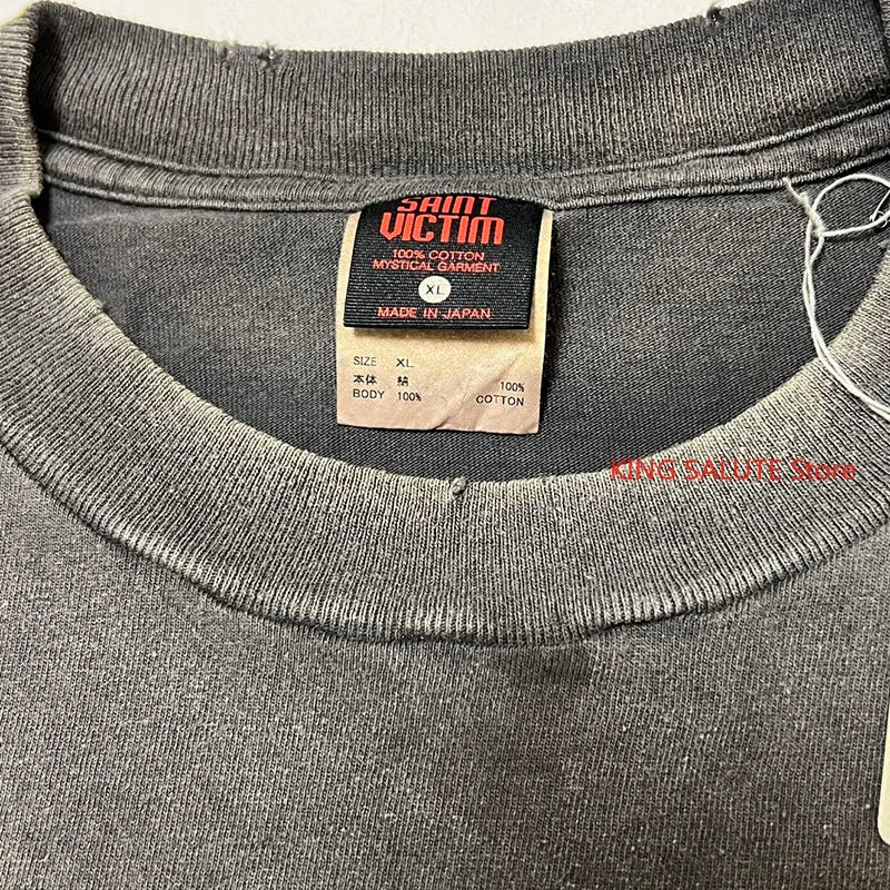 Washed Retro Saint High Quality Anime T Shirt Harajuku Fashion Cartoon Pattern Casual Men Women Long Sleeve