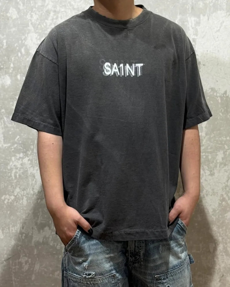 Washed Vintage Saint Letter Print Harajuku Oversized T Shirt High Street Casual Men Women 1:1 Cylindrical Tees