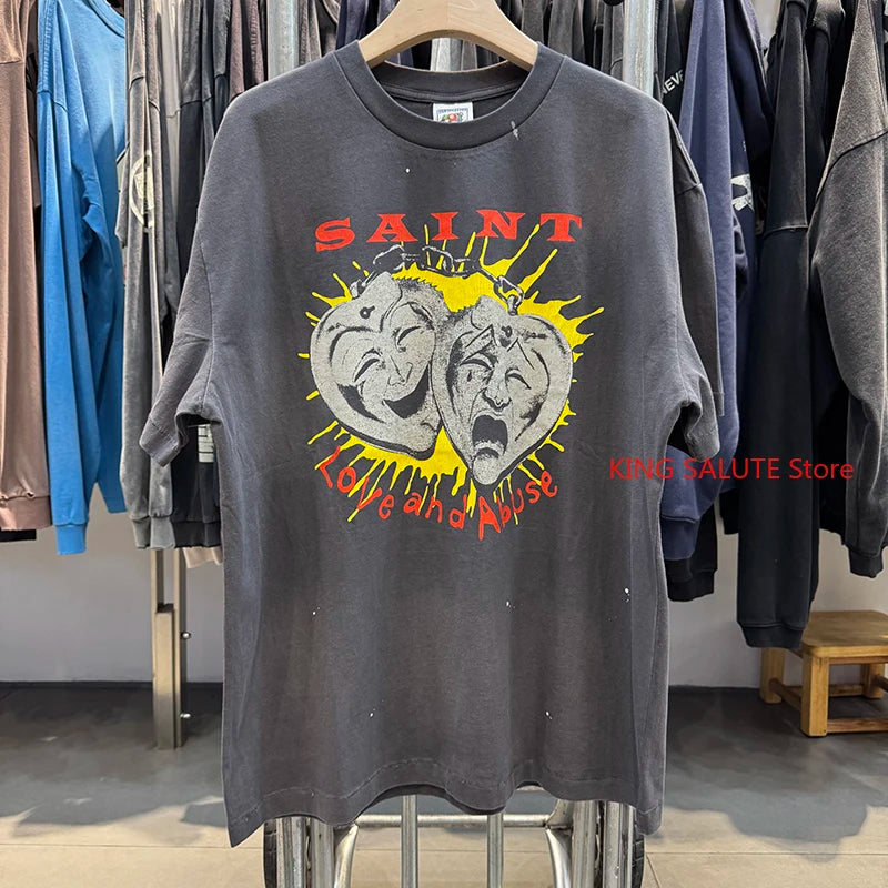Dark Gray Saint Round Neck Fun Print Vintage T Shirt High Street Casual Men Women Fashion Short Sleeve