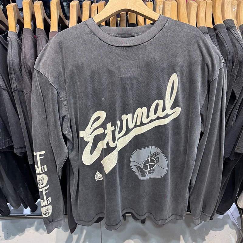 Vintage Saint Prayer Printed Graphic T Shirts High Street Casual Men Women Loose Fashion Long Sleeve