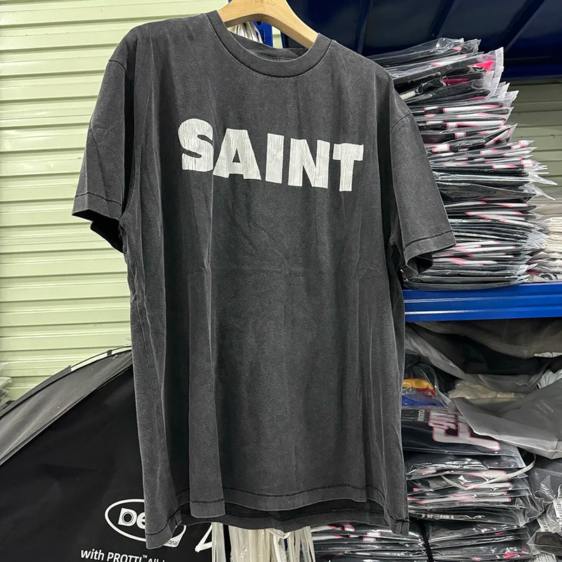 Casual Style Saint Classic Logo Oversized T Shirt High Quality Washed Black Men Vintage Tee