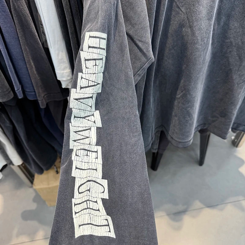 Washed Saint Loose Statue Printing Vintage Long Sleeve T-shirt Hip Hop Harajuku Ripped Tees