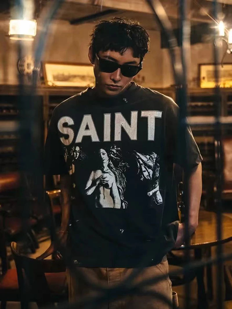 Washed Saint Sexy Pattern Print American Style Oversized T Shirt Retro Cotton Trend Summer Tops