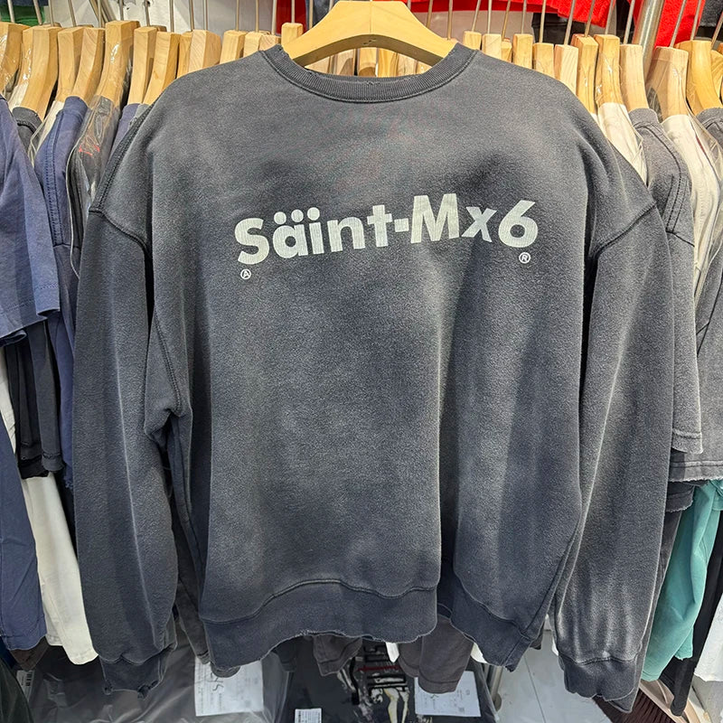 Washed Black SAINT MX6 Street Fashion Men Sweatshirts High Quality Cotton Winter Pullover