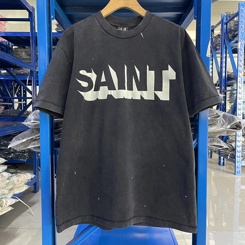 Washed Saint Letter Series Pink Print Skulls Graphic T Shirts High Street Casual Men Women Summer Tops
