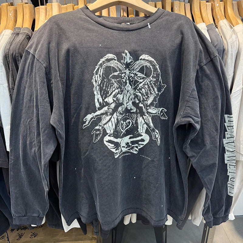 Washed Saint Loose Statue Printing Vintage Long Sleeve T-shirt Hip Hop Harajuku Ripped Tees