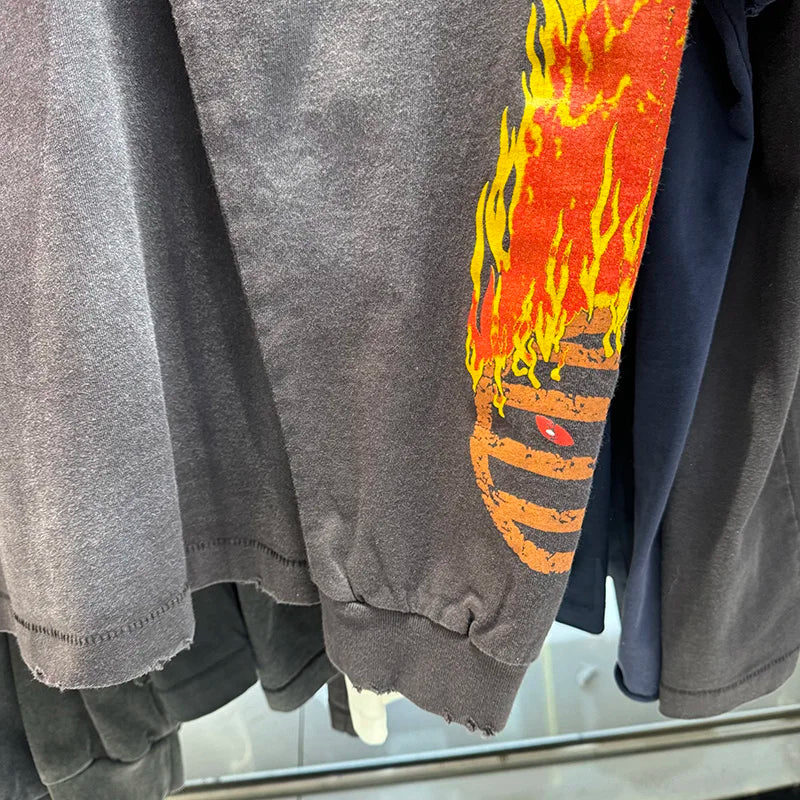 Spring Saint Washed Ripped Pure Cotton Flame Print Graphic T Shirts High Street Casual Men Women Fashion Long Sleeve Tees