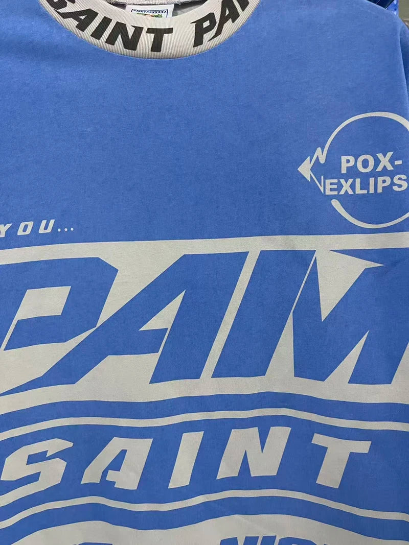 Retro Blue Saint Punk Style T Shirt Autumn Cotton Washed Loose Fashion Long Sleeve