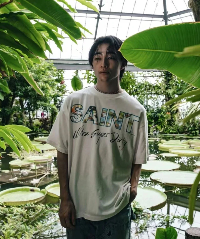 Washed Gray YOUNG Letter Print High Street Summer Saint T Shirts Men Popular Fashion