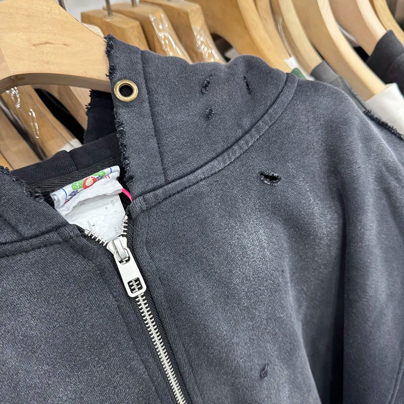 Vintage Series Saint High Quality Washed Hole Zipper Solid Color Hoodies Men Women Casual Fashion Streetwear