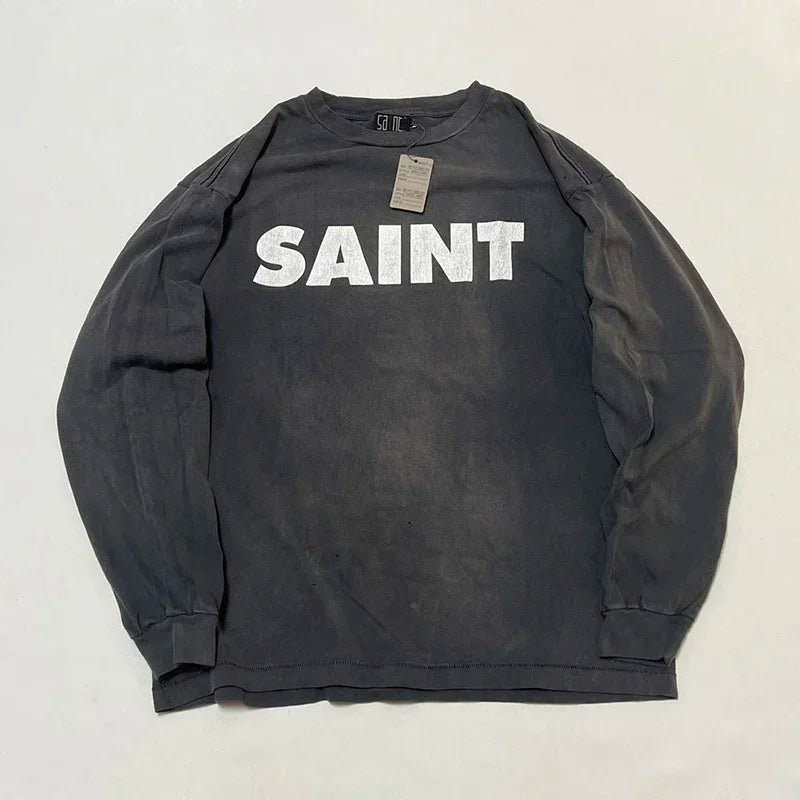 High Quality Saint Round Neck Soul Flame Vintage T Shirt Men Street Fashion Flame Word Long Sleeve