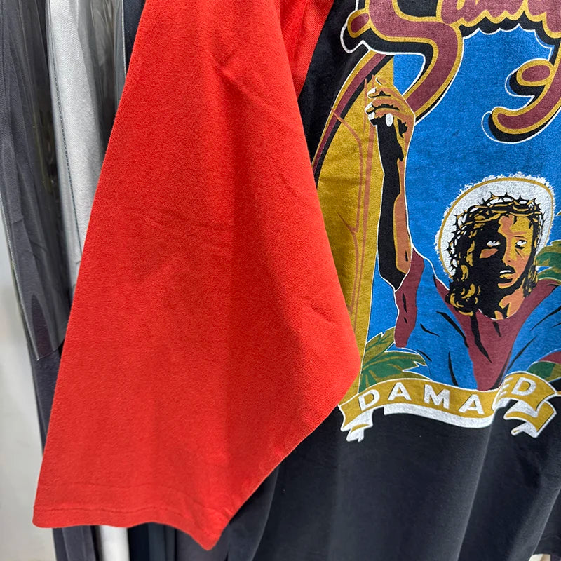 Punk Style Saint Color Block High Quality Graphic T Shirts Summer Street Fashion Three Quarter Tee