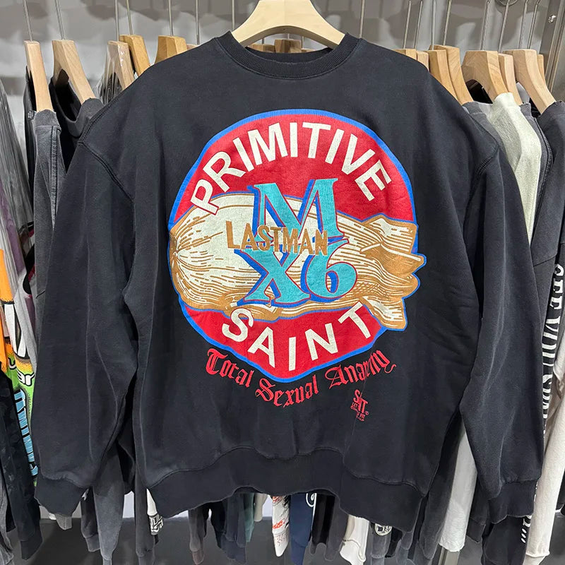 Co Branded Style Saint X LASTMAN Circular Pattern Letter Print Logo Ribbed Sleeves Crewneck for Men Sweatshirts