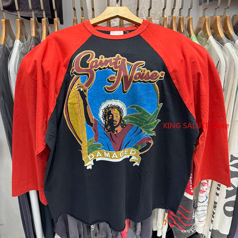Punk Style Saint Color Block High Quality Graphic T Shirts Summer Street Fashion Three Quarter Tee