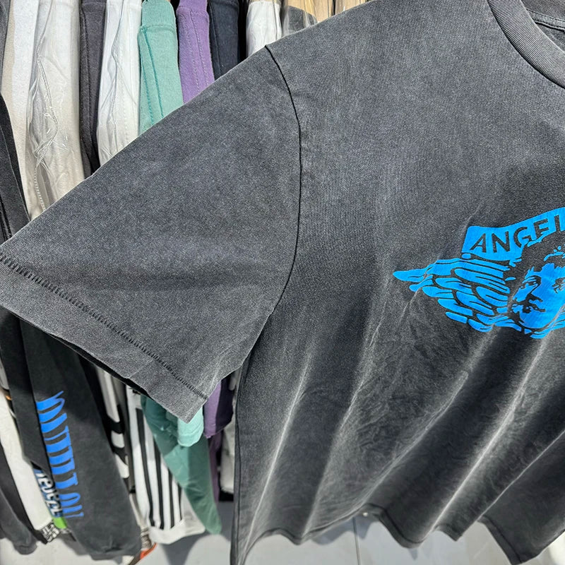 Vintage Washed Saint Blue Angel Oversized T Shirt Summer Cotton Cartoon Short Sleeve Fashion Men Women 1:1 Streetwear