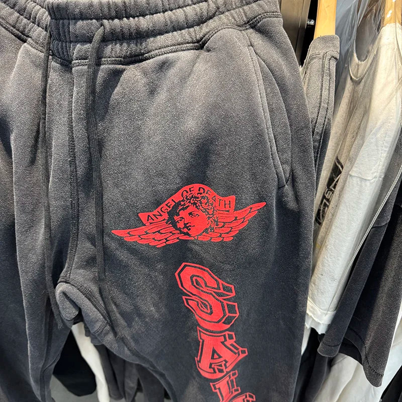 Saint Xxx Stb CREW SWT IT'S Letter Crack Washed Mens Pants Streetwear