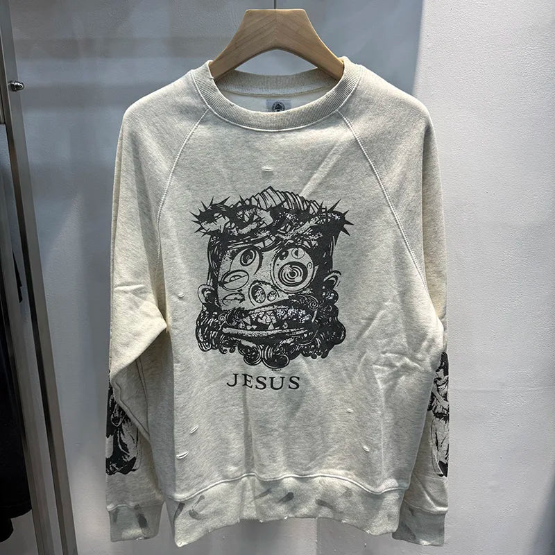 Loose Saint Hole Washed Graffiti Vintage Round Neck Sweatshirt Streetwear Men