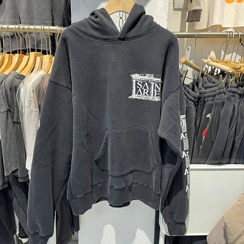 Saint Aries Retro Washed Hoodies High Street Casual Loose Men Sweatshirt Harajuku