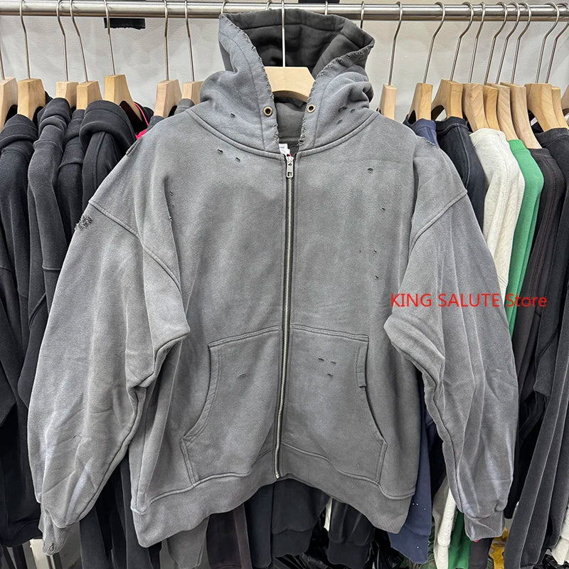 Vintage Series Saint High Quality Washed Hole Zipper Solid Color Hoodies Men Women Casual Fashion Streetwear