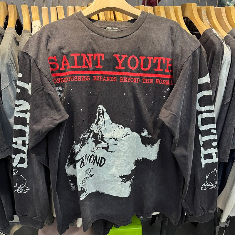 25AW Saint Youth Cracked Portrait Print American Retro Graphic T Shirts Harajuku Letter Long Sleeve Streetwear Men