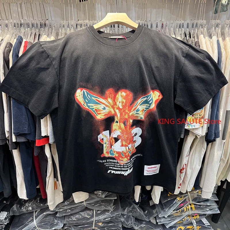 26ss RRR123 Round Neck CVA Wing Print Graphic T Shirts Trend Casual Washed Retro Short Sleeve