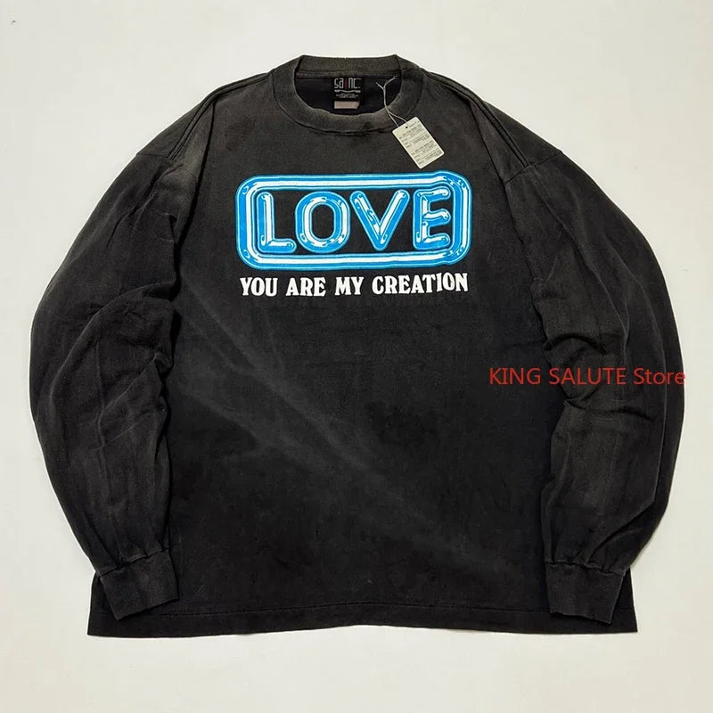 High Quality Saint Round Neck Soul Flame Vintage T Shirt Men Street Fashion Flame Word Long Sleeve