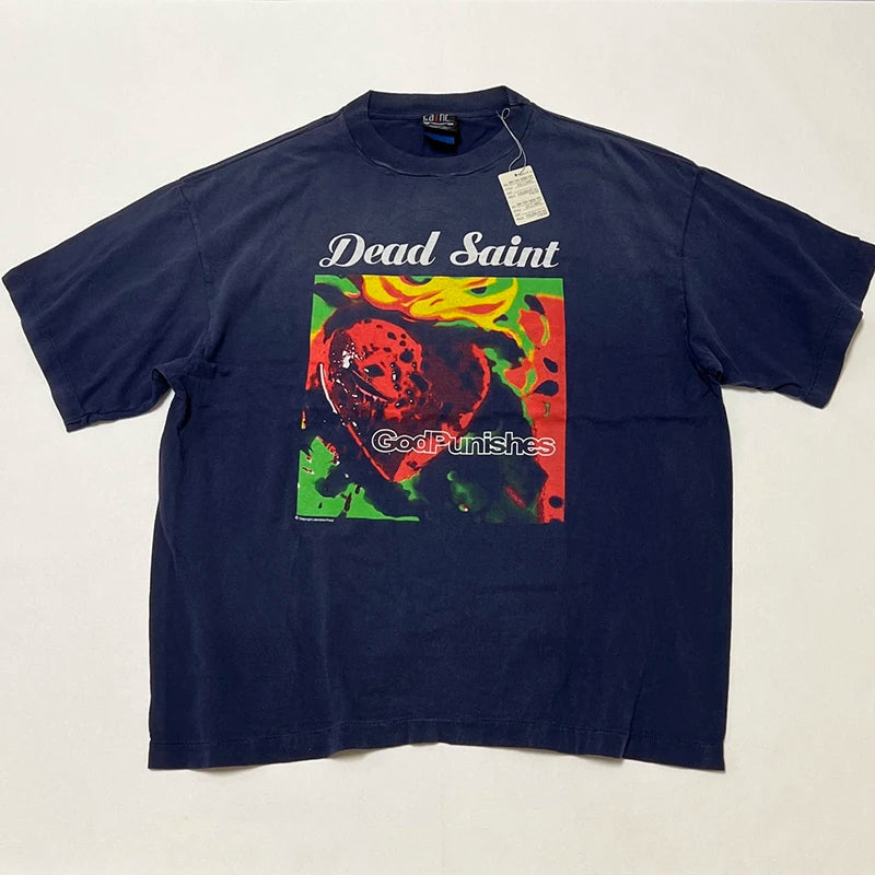 Washed Vintage Saint Letter Print Harajuku Oversized T Shirt High Street Casual Men Women 1:1 Cylindrical Tees