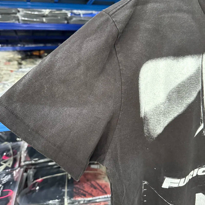 Washed Retro Film Pattern Print High Street Saint Oversized T Shirt Summer Men Casual Fashion Short Sleeve