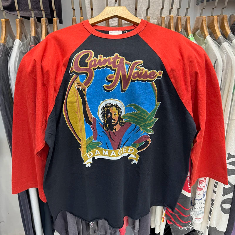 Punk Style Saint Color Block High Quality Graphic T Shirts Summer Street Fashion Three Quarter Tee