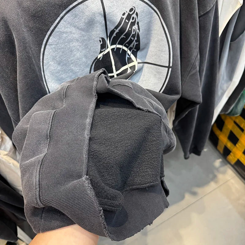 Street Fashion Saint High Quality Autumn Winter Thick Gesture Pattern Hoodie Men Vintage Distressed Ripped Pullover