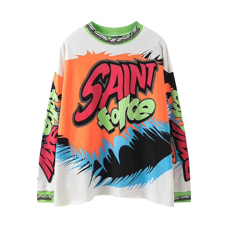 Autumn Fashion Saint Large Letter Print American Style Oversized T Shirt Cotton Vintage Washed Long Sleeve Men