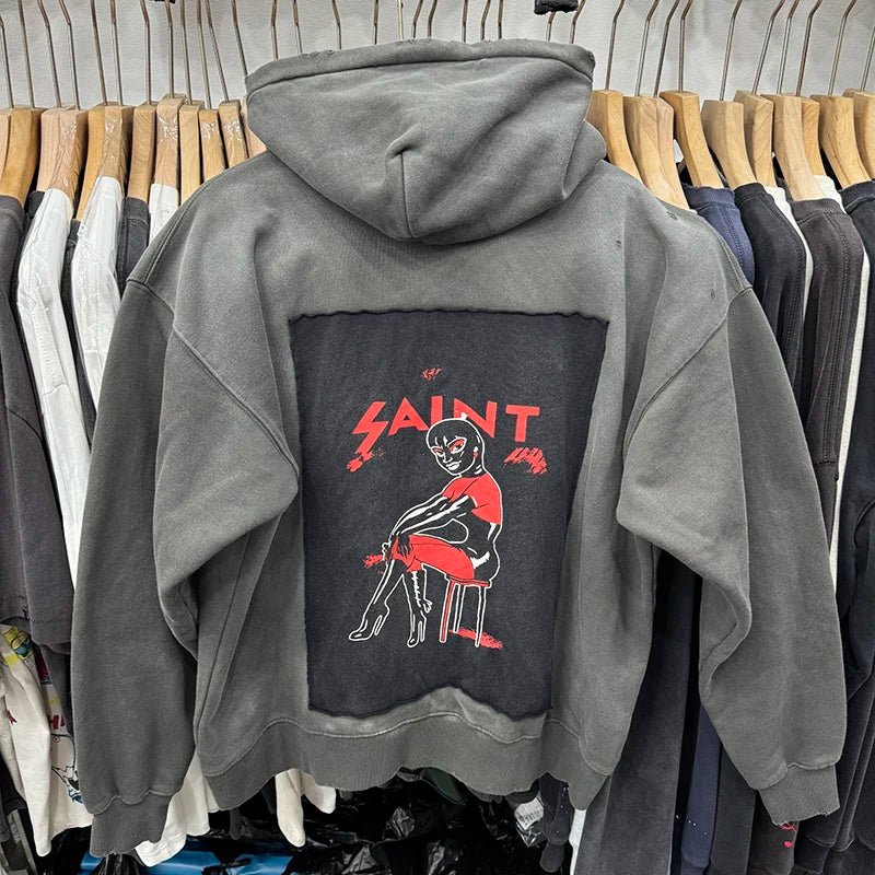 High Quality Washed Saint Retro Ripped CELLBRATION Girl in Red Graphic Hoodie Hip Hop Trend Sweatshirt Men Y2k