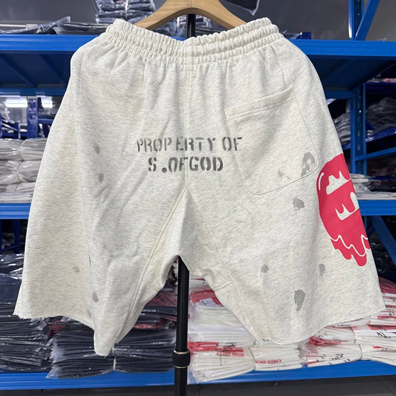 EU Heart-shaped Saint Washed Distressed Retro High Quality Cotton Short Pants Men Summer