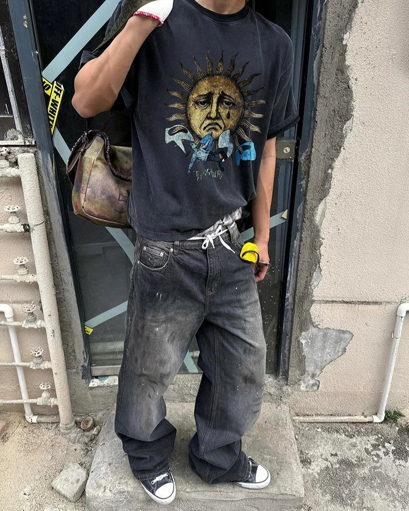 Vintage Bieber Sun Print Hip Hop Graphic T Shirts High Street Casual Cotton Men Summer Tee