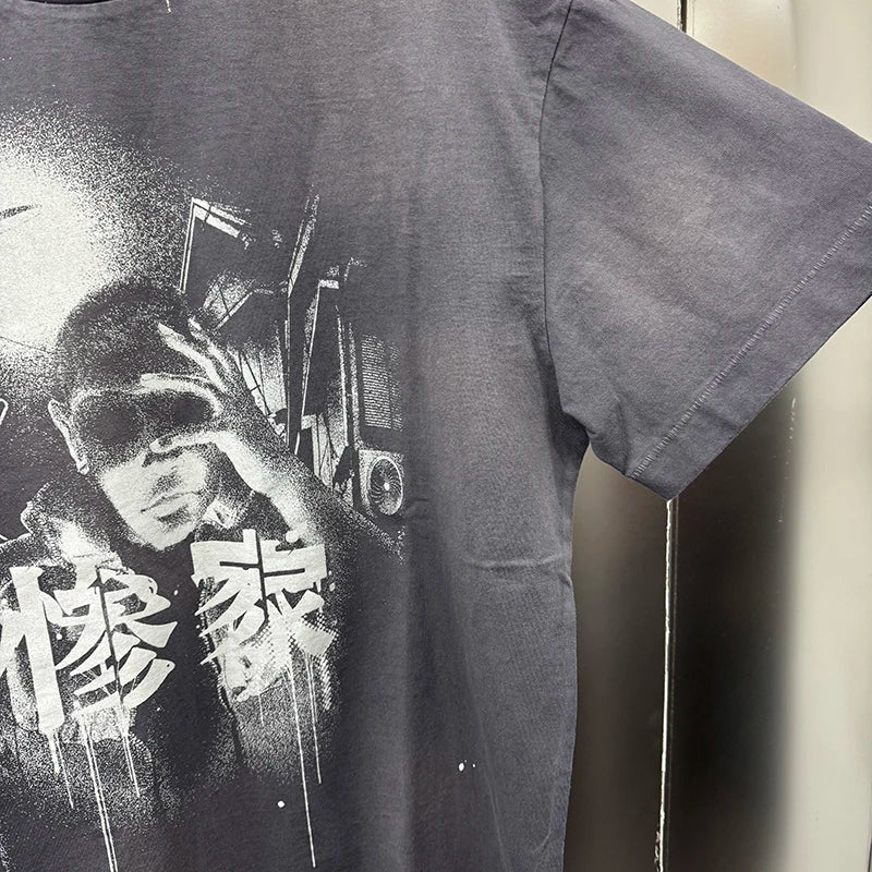 Splashed Ink SAINT Round Neck Loose Character Pattern Print Japan Style Vintage T Shirt