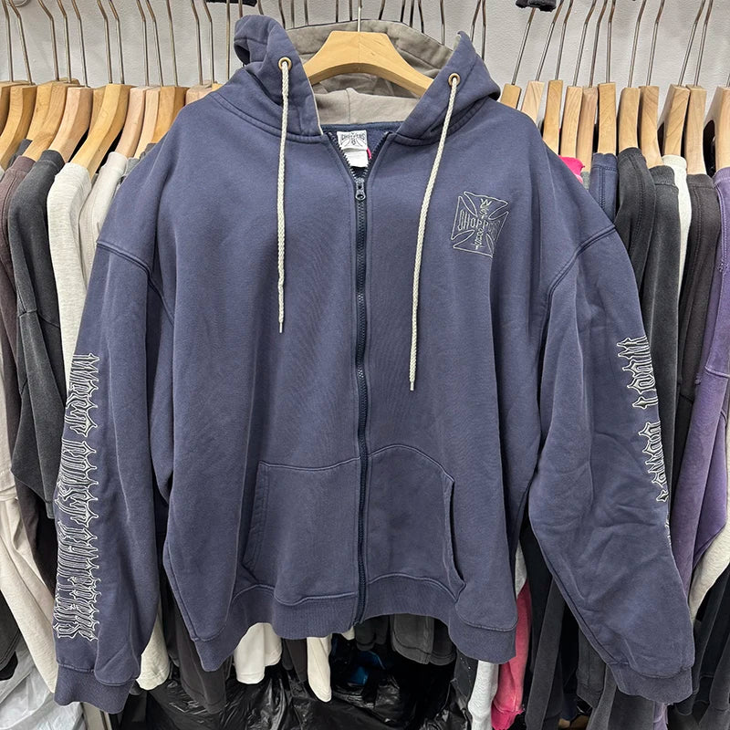 Street Fashion West Coast Letter Embroidery American Style Casual Vintage Purple Blue Hoodie Washed Thicken Zipper Coat Men