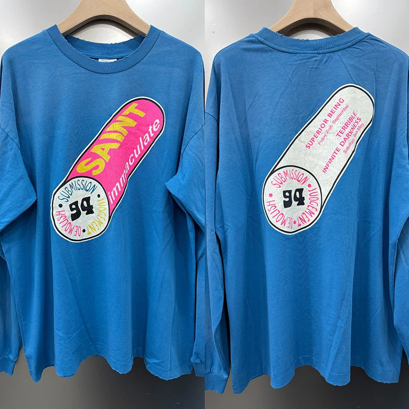 Autumn Winter Long Sleeve Saint Series Vintage Trend Sky Blue T Shirt High Street Casual Men Women Distressed Tops