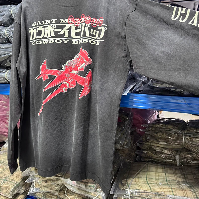 Autumn Fashion Saint Vintage Casual Cartoon Aircraft Printed T-shirt Men