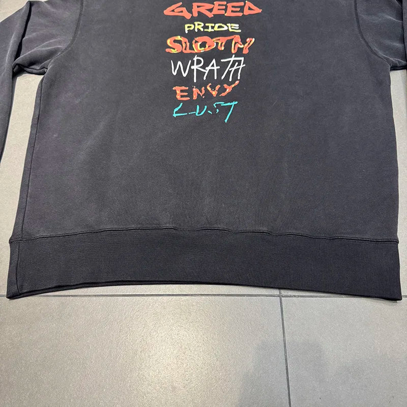 25FW Saint Casual Fashion Movie Slogan Black Sweatshirts Distressed Vintage Washed Pullover Men Harajuku