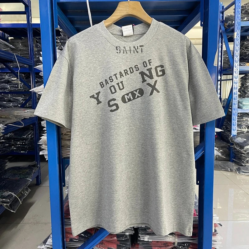 Washed Gray YOUNG Letter Print High Street Summer Saint T Shirts Men Popular Fashion