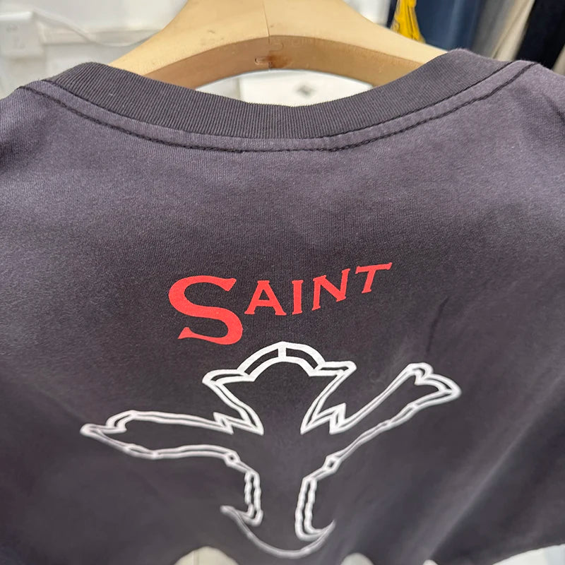 TU PAC Vintage Portraits Print Pattern Cotton Men T-shirt Hip Hop Water Washed Retro High Street Short Sleeve Oversized T Shirt