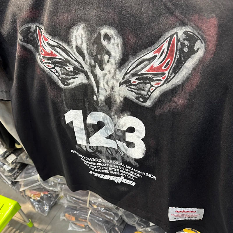 RRR123 X SAINT Wings Series Crewneck Oversized T Shirt High Street Casual Men Women Fashion Summer Tops