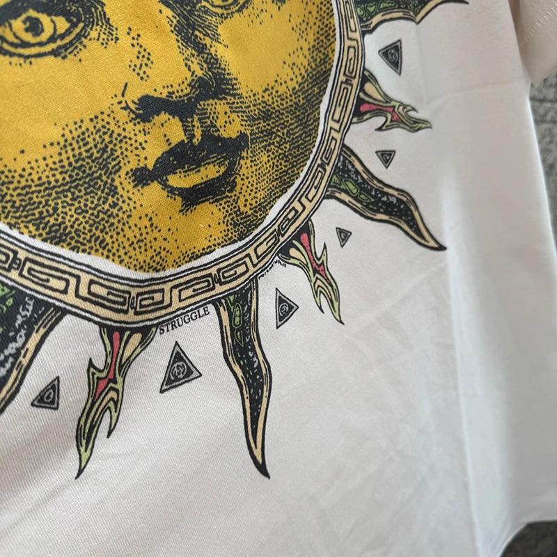 FLEA Letter Print Solar Disk Graphic T Shirts Summer Cotton Loose High Street Men Saint Popular Short Sleeve Tees