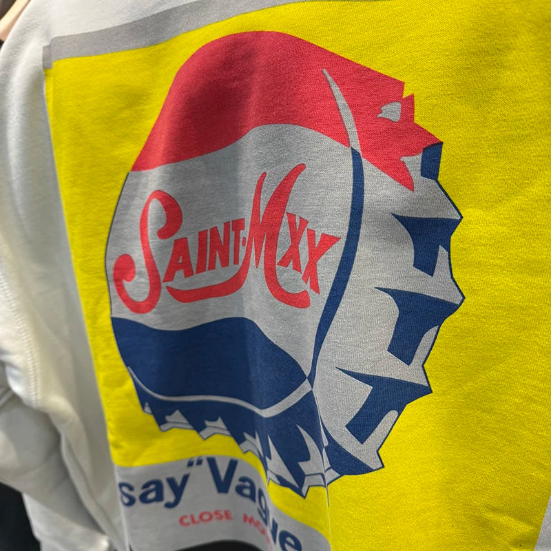 Beige Saint Crewneck for Men Bottle Cap Printed Sweatshirt Crack Retro Hole Winter Thick Trend Tops